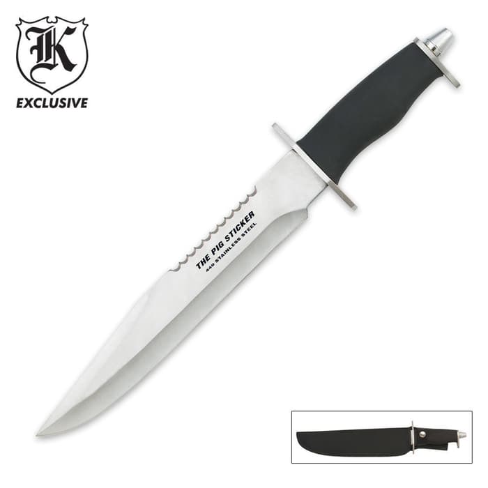 Pig Sticker Bowie Knife And Sheath - Stainless Steel Blade, TPR Handle, Stainless Guard - Length 15"