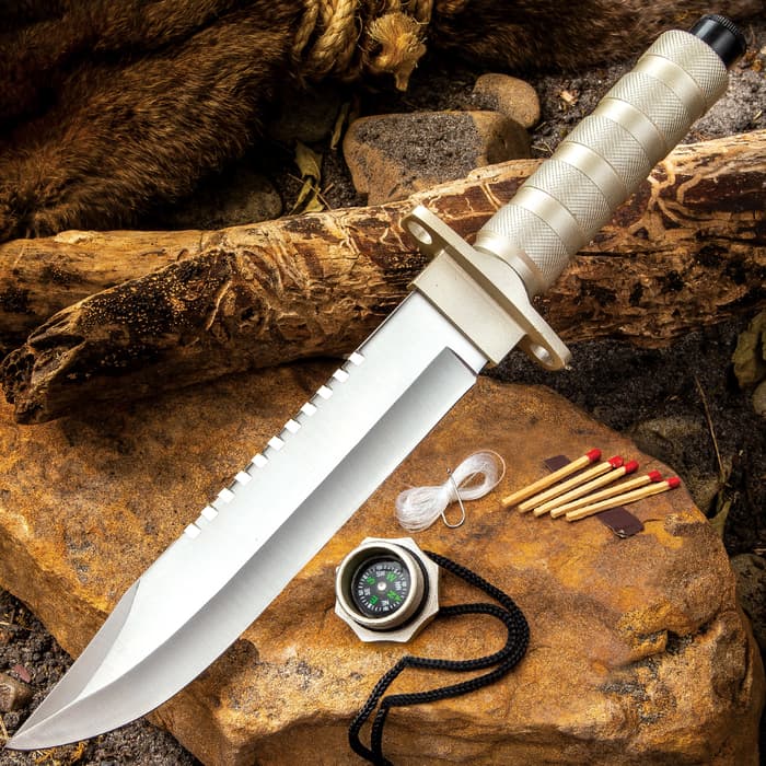 All-Terrain Survival Knife With Watertight Compartment And Sheath - Stainless Steel Blade, Aluminum Handle - Length 13”