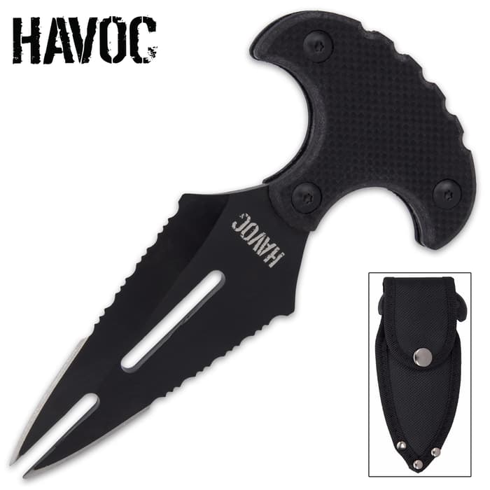Havoc Pincer Push Dagger With Sheath - 3Cr13 Stainless Steel Blade, Non-Reflective Finish, Serrated Edges, G10 Handle Scales