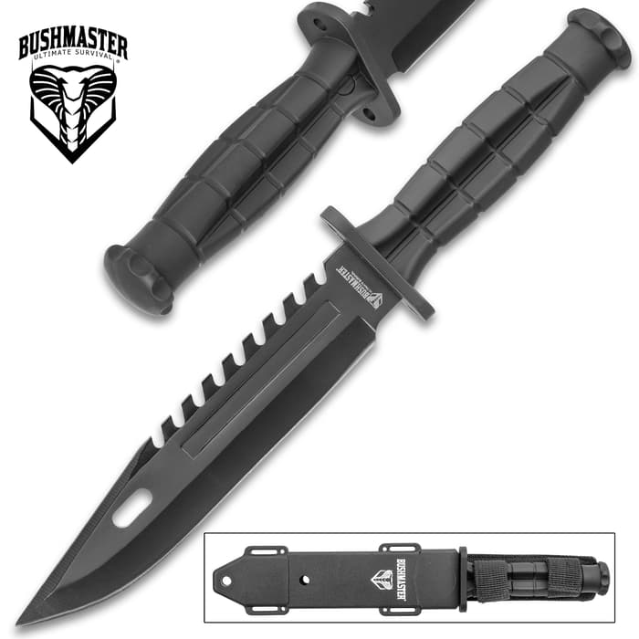 Bushmaster Black Adder Knife With Sheath - Stainless Steel Blade, Sawback, Non-Reflective Finish, TPR Handle - Length 12”