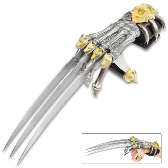 Tomahawk Wolf Claw Gauntlet – Stainless Steel Blades, Cast Metal Skeleton Hand, Faux Leather Wrist Strap – Length 17”