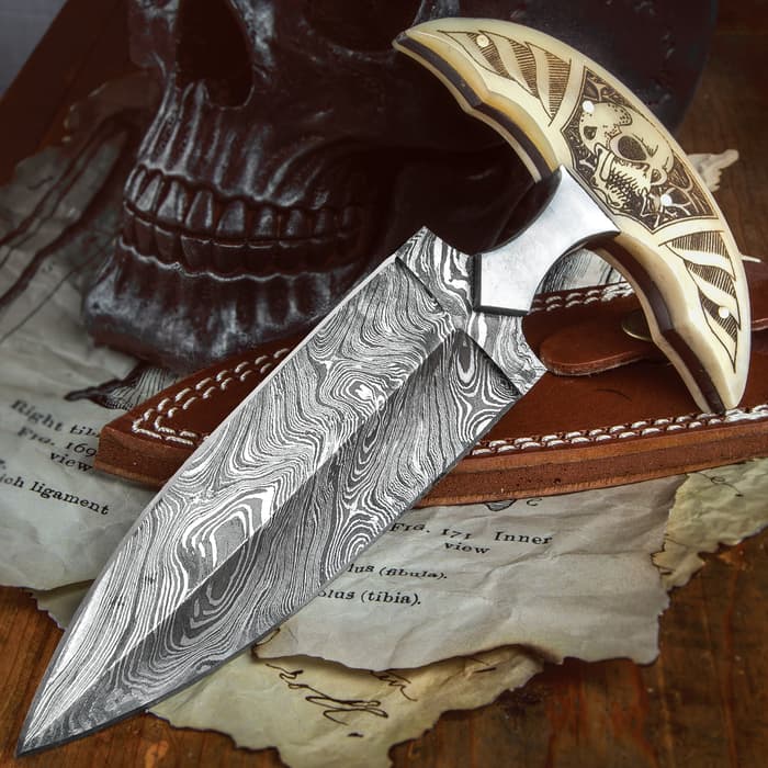 Skull Bone Push Dagger With Sheath - Damascus Steel Blade, Double-Edged, Bone Handle Scales With Intricate Etch - Length 7 1/2”