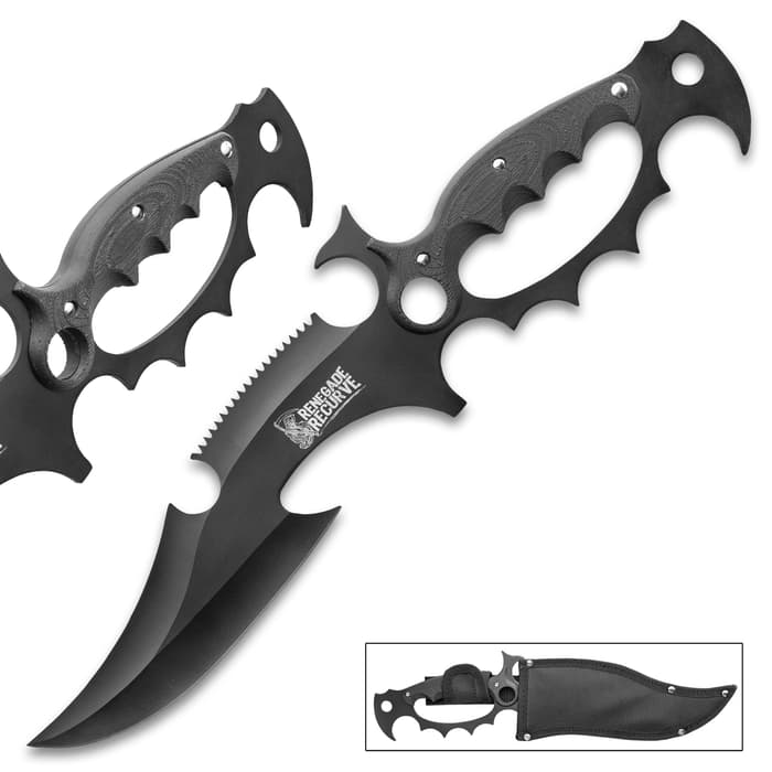 Renegade Recurve Fantasy Fixed Blade Knife - 3Cr13 Stainless Steel Blade, Black Coated, 3D Printed ABS Handle - Length 15”