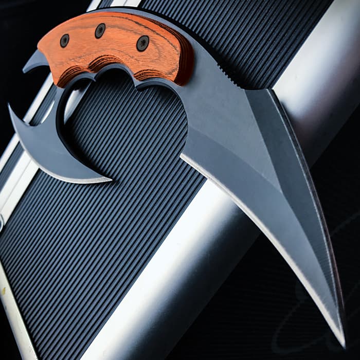 Dual Blade Karambit Knife With Sheath - Hardened 440C Blades, Wooden Handle - Length 7" 