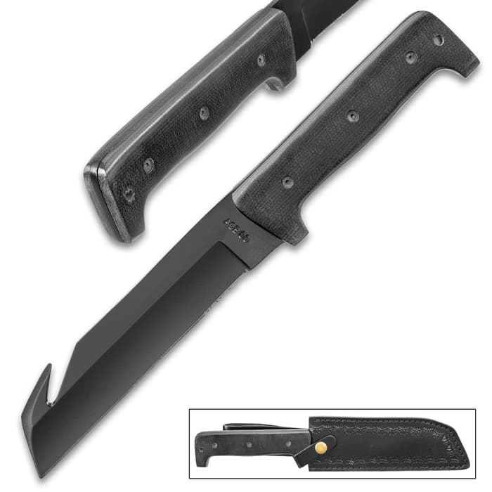 Battlefield Kommando Knife has a 7” carbon steel blade with non-reflective finish and partial serrations and a gut hook.