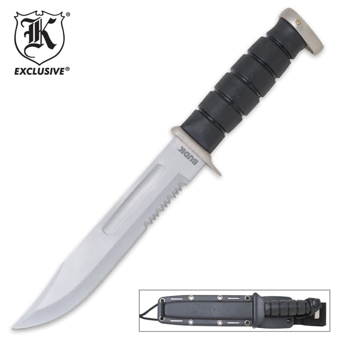 K Exclusive Vietnam War Serrated Bowie Knife is 12” with a 7 1/4” stainless steel serrated blade and molded handle cast in stacked pattern