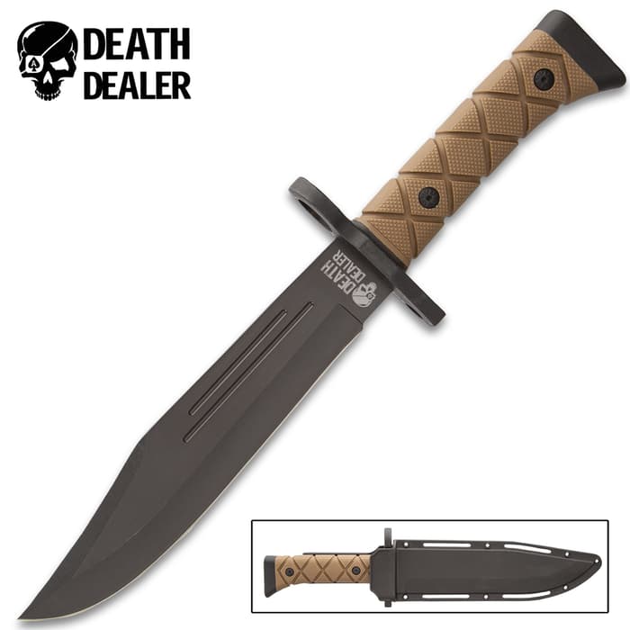 Death Dealer Tactical Knife With Sheath - 3Cr13 Stainless Steel Blade, Non-Reflective Finish, Twice Injected Handle - Length 13 1/2”