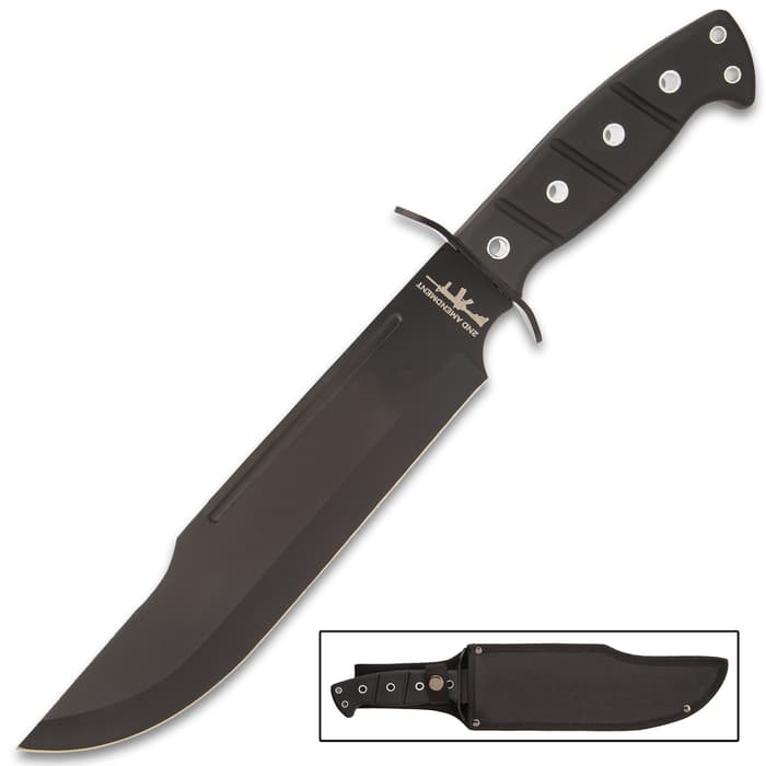 Second Amendment Back-Up Bowie Knife With Sheath - Stainless Steel Blade, Non-Reflective, Rubberized ABS Handle - Length 15”