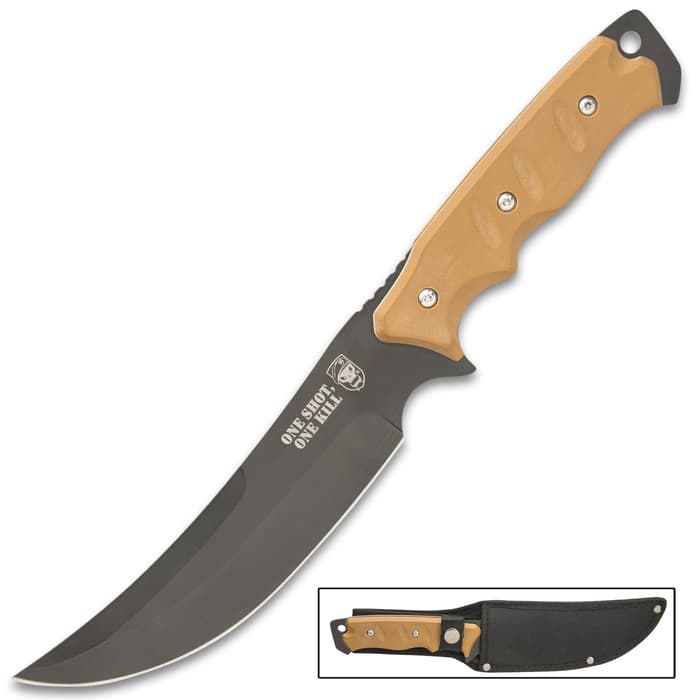 SOA One Shot One Kill® Combat Knife With Sheath - Stainless Steel Blade, G10 Handle, Lanyard Hole - Length 12”