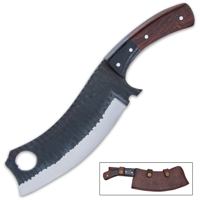 Pioneer Trail Cleaver Knife And Sheath - Rough-Forged Carbon Steel Blade, Wooden Handle, Stainless Steel Pins - Length 12”