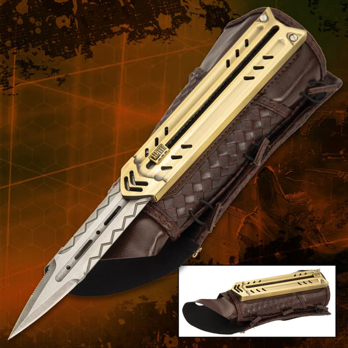 The Assassins Guild Tactical Gauntlet - Stainless Steel Blade, Faux Leather And Nylon Canvas Arm Sheath - Length 12”