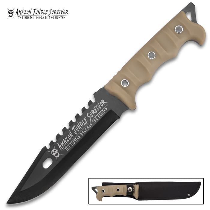 It has a non-reflective, black 6 3/4” stainless steel blade with a sawback and “The Hunter Becomes the Hunted” in white