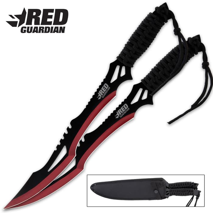 Red Guardian Twin Machete Set With Sheath - Stainless Steel Construction, Paracord-Wrapped Handle - Length 17 1/2”