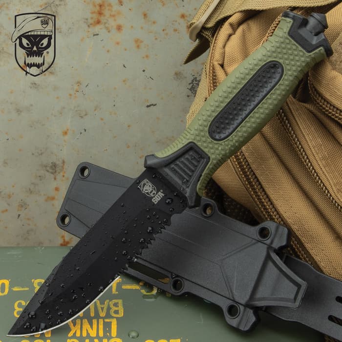 SOA Olive Drab Tactical Fixed Blade Knife And Sheath - Stainless Steel Blade, TPR Handle, Glassbreaker - Length 9 1/2”