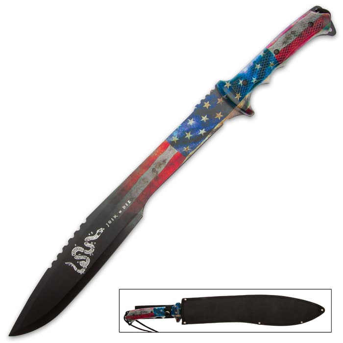 Makes a bold patriotic statement with its printed American Flag artwork that extends from the end of the handle down onto the blade