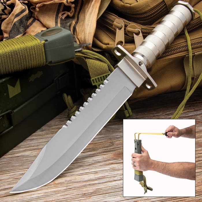 Survival Master Knife With Slingshot Sheath - Stainless Steel Blade, Steel Handle, Survival Kit, Integrated Compass - Length 13 3/4”
