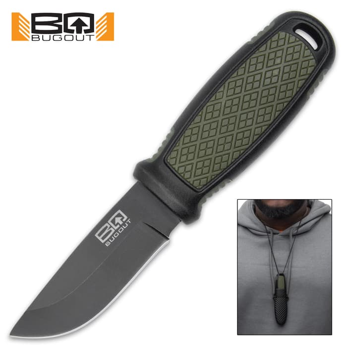 BugOut Bushcrafter Neck Knife And Sheath- 3Cr13 Stainless Steel Blade, Twice Injected TPU And Rubber Handle - Length 5 3/4”