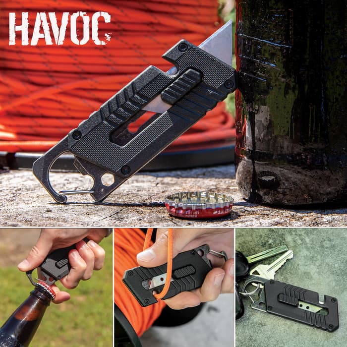 Havoc Utility Knife - Stainless Steel Blade, Nylon Fiber And Steel Handle, Integrated Carabiner, Slide Trigger - Closed Length 4”