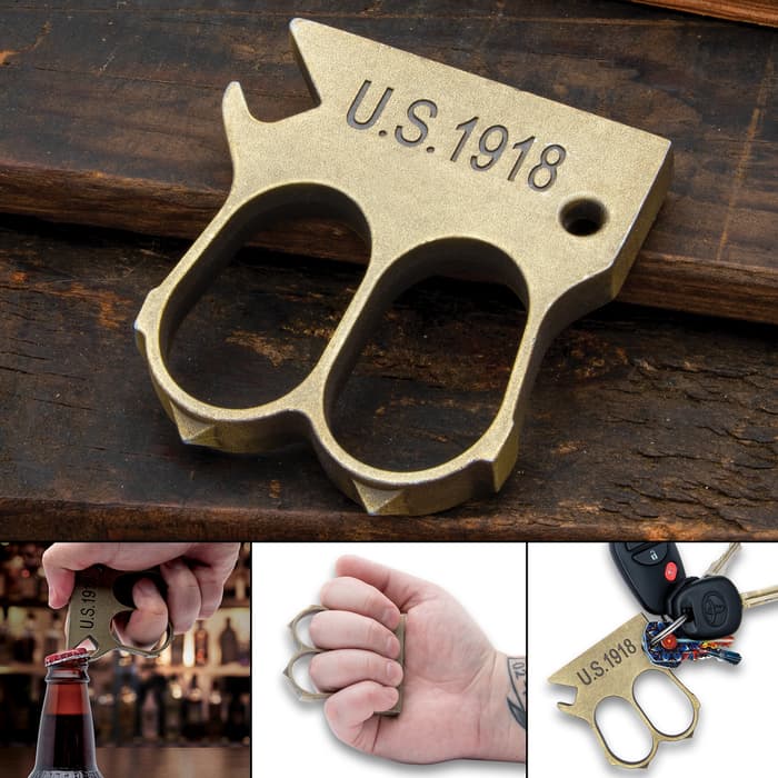 The Trench Bottle Opener has a brass finish
