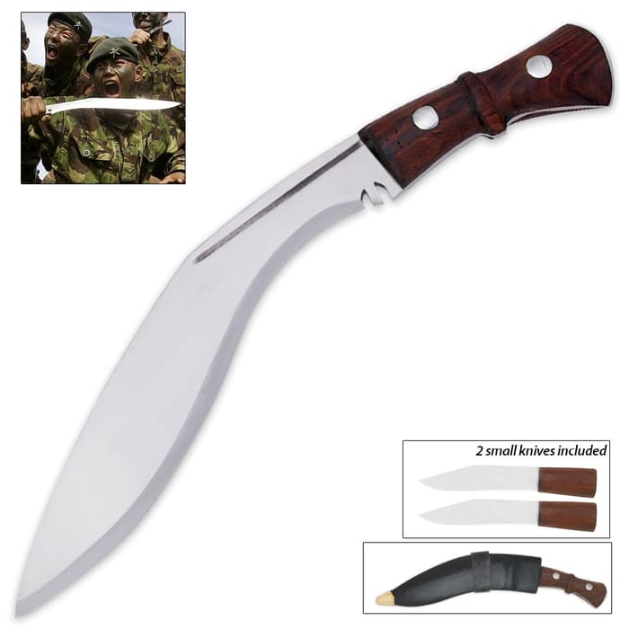 The Genuine Gurkha Kukri has a hardwood handle and curved blade and includes two small knives and a leather sheath.