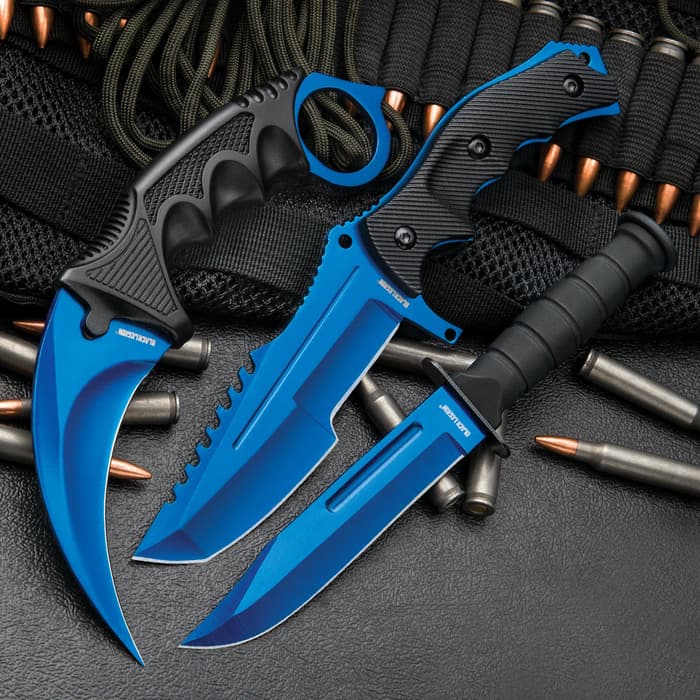 Black Legion Stratosphere Triple Set has a karambit, huntsman, and military knife, all with blue metallic finish stainless steel blades.