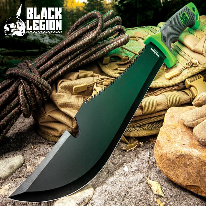 Black Legion Jungle Hunter Bush Machete with Nylon Sheath | Sawback Serrations | Fire Starter