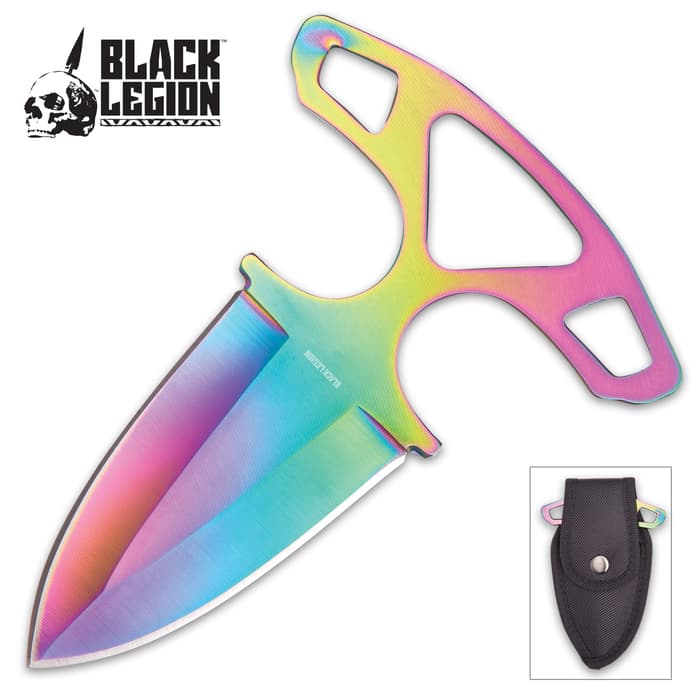 Black Legion Shadow Dagger with Nylon Sheath | Push Dagger | Rainbow Titanium Finish