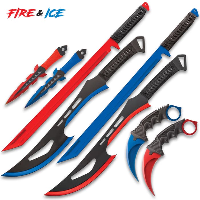 Fire And Ice Battle Set - Stainless Steel Blades, TPE Karambit Handle, Cord-Wrapped Sword Handles, Nylon Sheaths