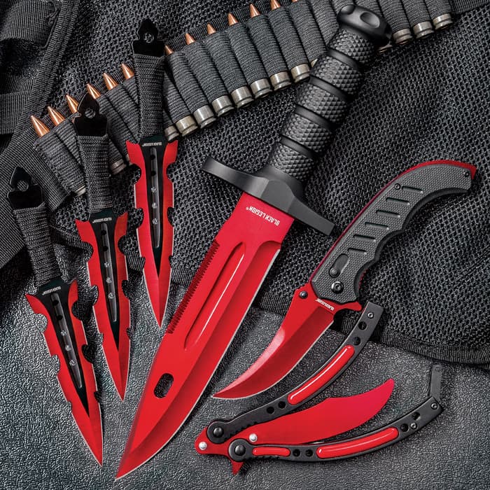 Black Legion Red Fury Knife Set - Stainless Steel Blades, Heavy-Duty TPU Handles, Sheaths Included, Survival, Throwing And Pocket Knives, Butterfly Trainer