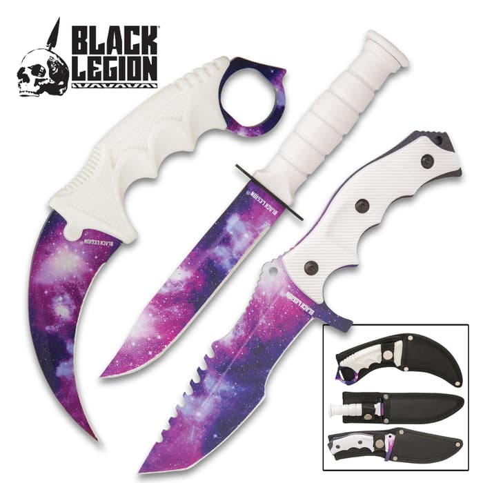 Black Legion White Galaxy Triple Knife Set With Sheaths - Karambit, Hunter Knife, Survival Knife, Stainless Steel Blades, TPU Handles