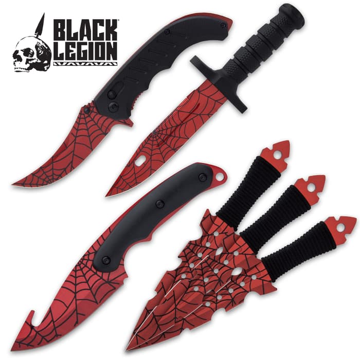 Black Legion Red Widow Set And Sheaths - Stainless Steel Blades, Laser Printed Artwork, TPU And TPR Handles