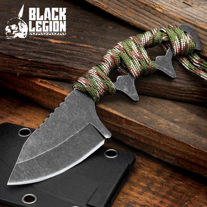 The Black Legion Drop Point Knife shown out of its sheath