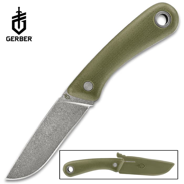 Gerber Sage Green Spine Fixed Blade Knife With Sheath - 7Cr17MoV Steel Blade, Rubberized Grip - Length 8 2/5”