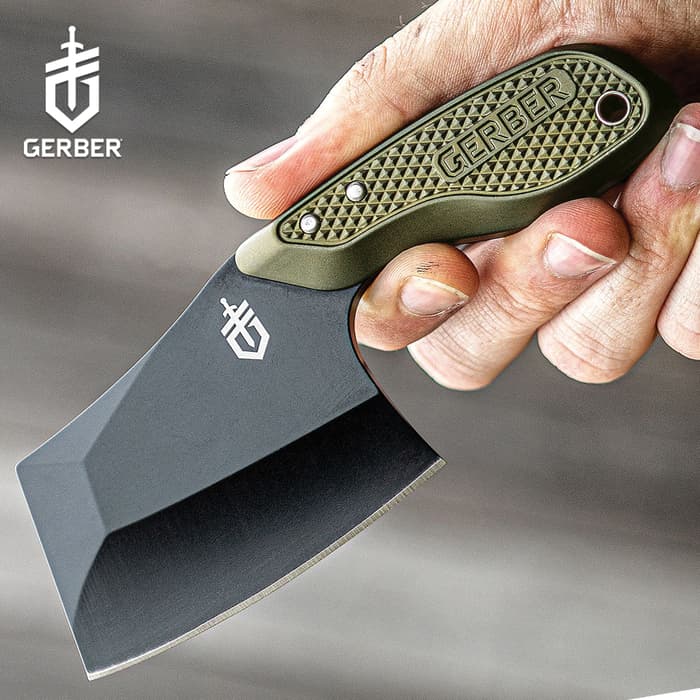 Gerber Green Tri-Tip Mini Cleaver With Sheath - 7Cr17MoV Steel Blade, Aluminum Handle, Lanyard Hole - Length 5 4/5”