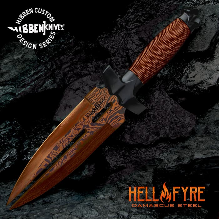 Hibben HellFyre Double Shadow Knife has a HellFyre Damascus steel blade split into two penetrating points and a wire wrapped handle.