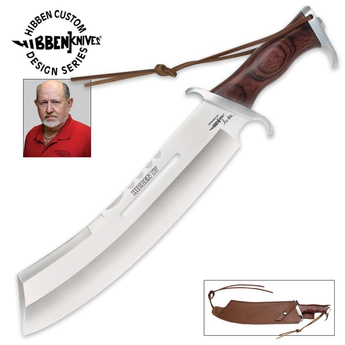 Gil Hibben IV Combat Machete Knife shown with 12” stainless steel blade, pakkawood handle, and brown leather sheath.