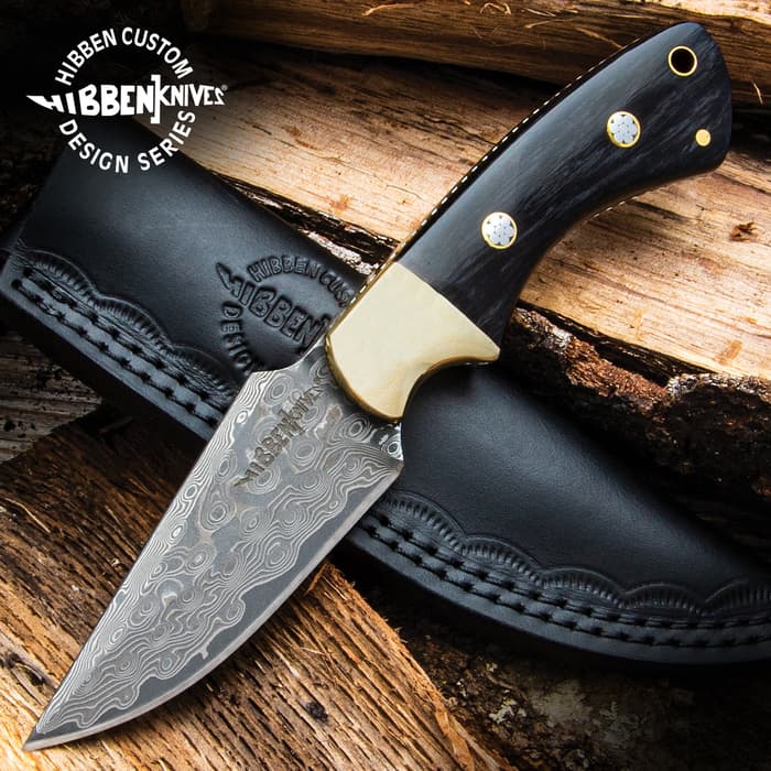 Gil Hibben Damascus Sidewinder Knife - Damascus Steel Blade, Pakkawood Handle, Decorative Brass Accents - Length 7 1/2”