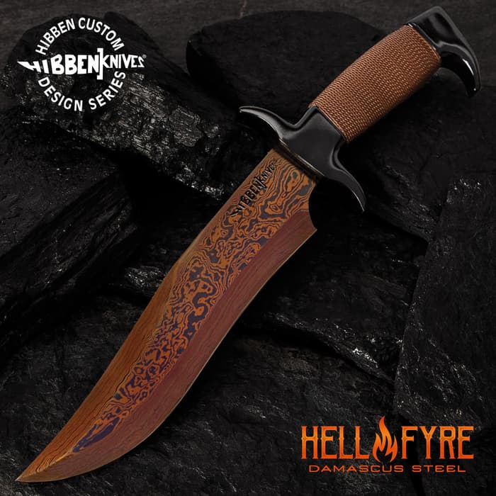 The Hibben Hellfyre Highlander Bowie Knife has a 8 3/4" HellFyre Damascus steel blade with copper colored wire wrapped handle.