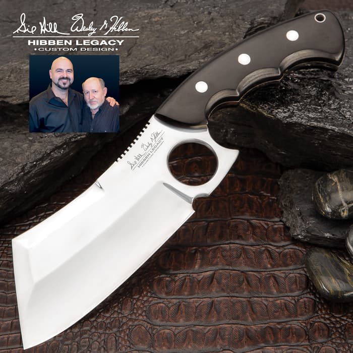 Hibben Legacy Ebony Cleaver Knife With Sheath, Black Linen Micarta Handle Scales - Length 10 3/4”