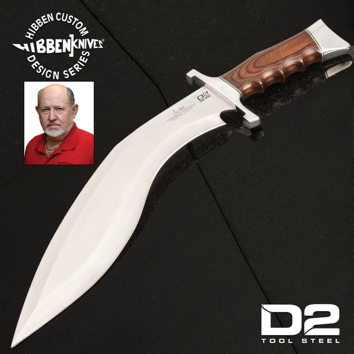 Hibben Kukri Fighter Knife D2 And Sheath - D2 Tool Steel Blade, Pakkawood Handle, Chrome-Plated Metal Guard And Pommel - Length 17 3/8”