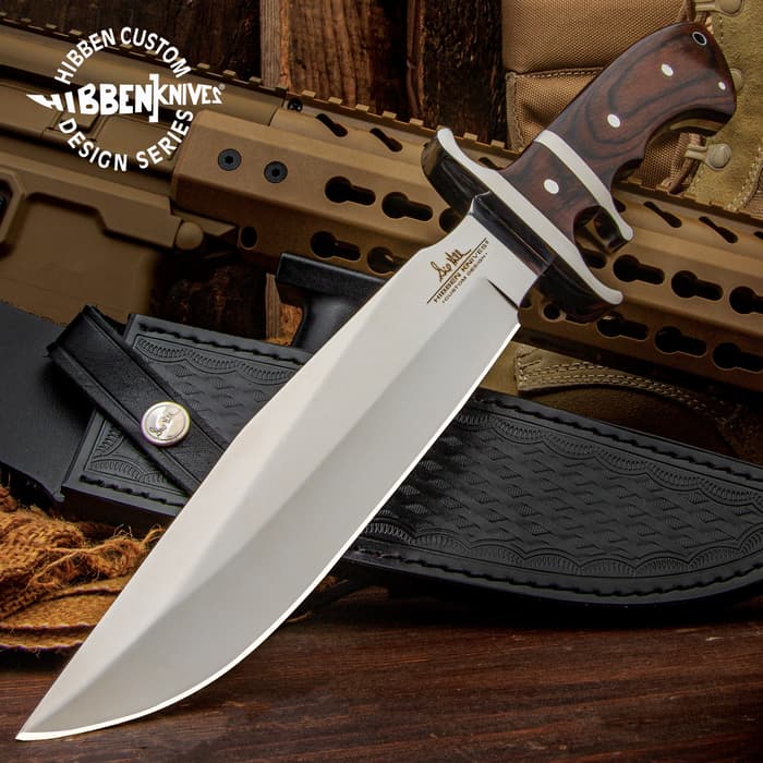 Hibben Sub-Hilt Fighter Knife And Sheath - 5Cr15MoV Stainless Steel Blade, Bloodwood Handle, Stainless Steel Guard