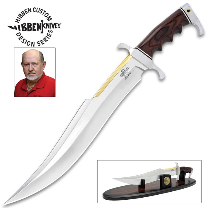 The Gil Hibben 65TH Anniversary Spartan Bowie and display stand