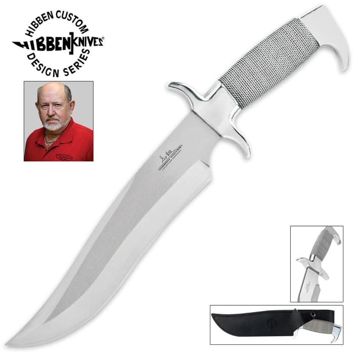United Cutlery Gil Hibben Highlander Bowie Knife has a 420 stainless steel blade, wire wrapped handle, and leather belt sheath.