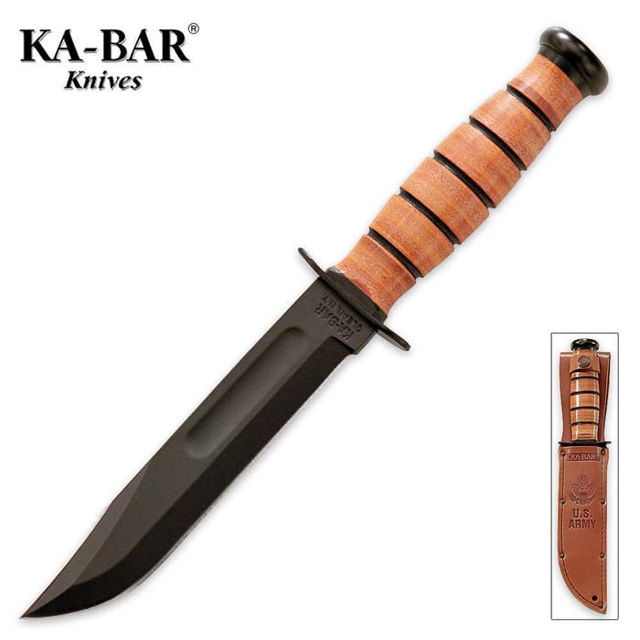Ka-Bar Army Straight Knife has a 7” black blade made of 1095 carbon steel, leather wrapped handle, and leather sheath.