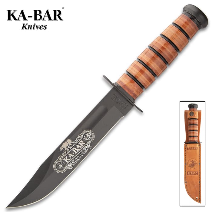 KA-BAR 120TH Anniversary USMC Knife With Sheath - Engraved, 1095 Steel Blade, Stacked Leather Handle - Length 11 4/5”