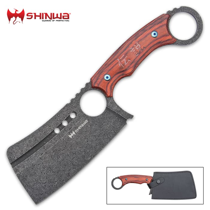 Shinwa Ryori Bloodwood Cleaver Knife With Sheath - 3Cr13 Stainless Steel Blade, Wooden Handle Scales - Length 12”