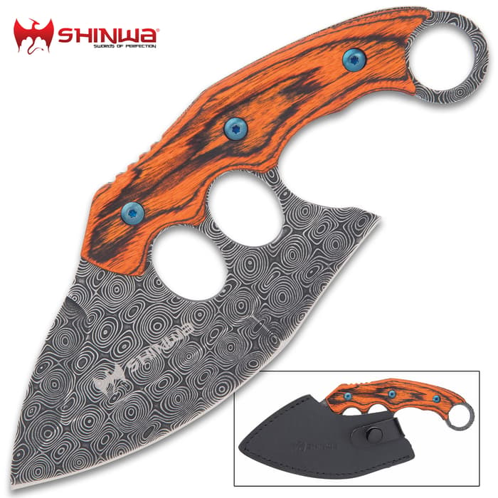 Shinwa Yaobai Bloodwood Ulu Knife And Sheath - 3Cr13 Stainless Steel Blade, Non-Reflective Finish, Wooden Handle Scales - Length 7 3/4”