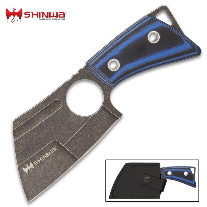 Shinwa Blue Mini Cleaver Knife With Sheath - 3Cr13 Stainless Steel Blade, Stonewashed Finish, CNC Cut G10 Handle - Length 6 1/2”