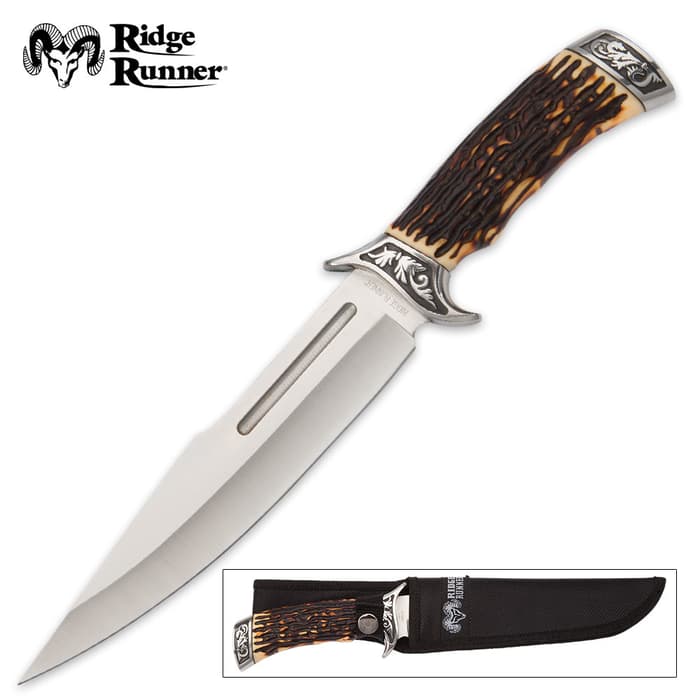 Ridge Runner Pronghorn Prairie Bowie Knife and Sheath - Faux Stag Antler Handle - Deer Hunting Knife