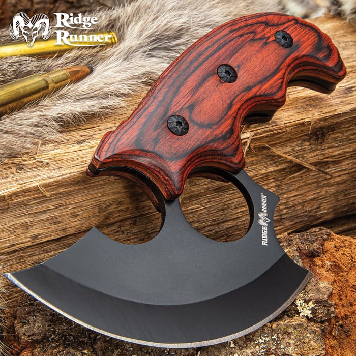 Ridge Runner Modified Ulu Knife With Sheath - Stainless Steel Blade, Full-Tang, Non-Reflective, Wooden Handle Scales - Length 6 1/2”